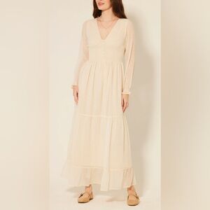Patrons Of Peace Altura Maxi Dress Tapioca Ivory Smocked Bodice Swiss Dots L